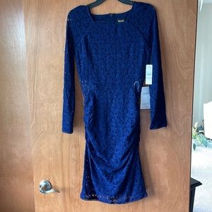 Laundry navy lace long sleeve, ruched at sides semi-sheer cut out on sides, NWT